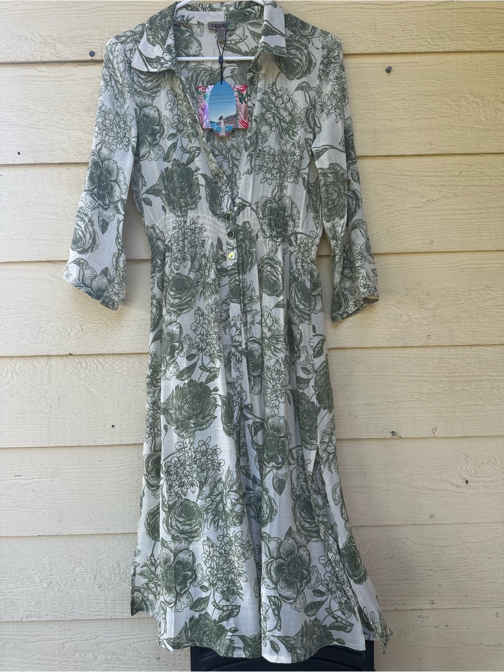 Cabana olive/beige Button-Front beach cover up midi Dress open both legs size S